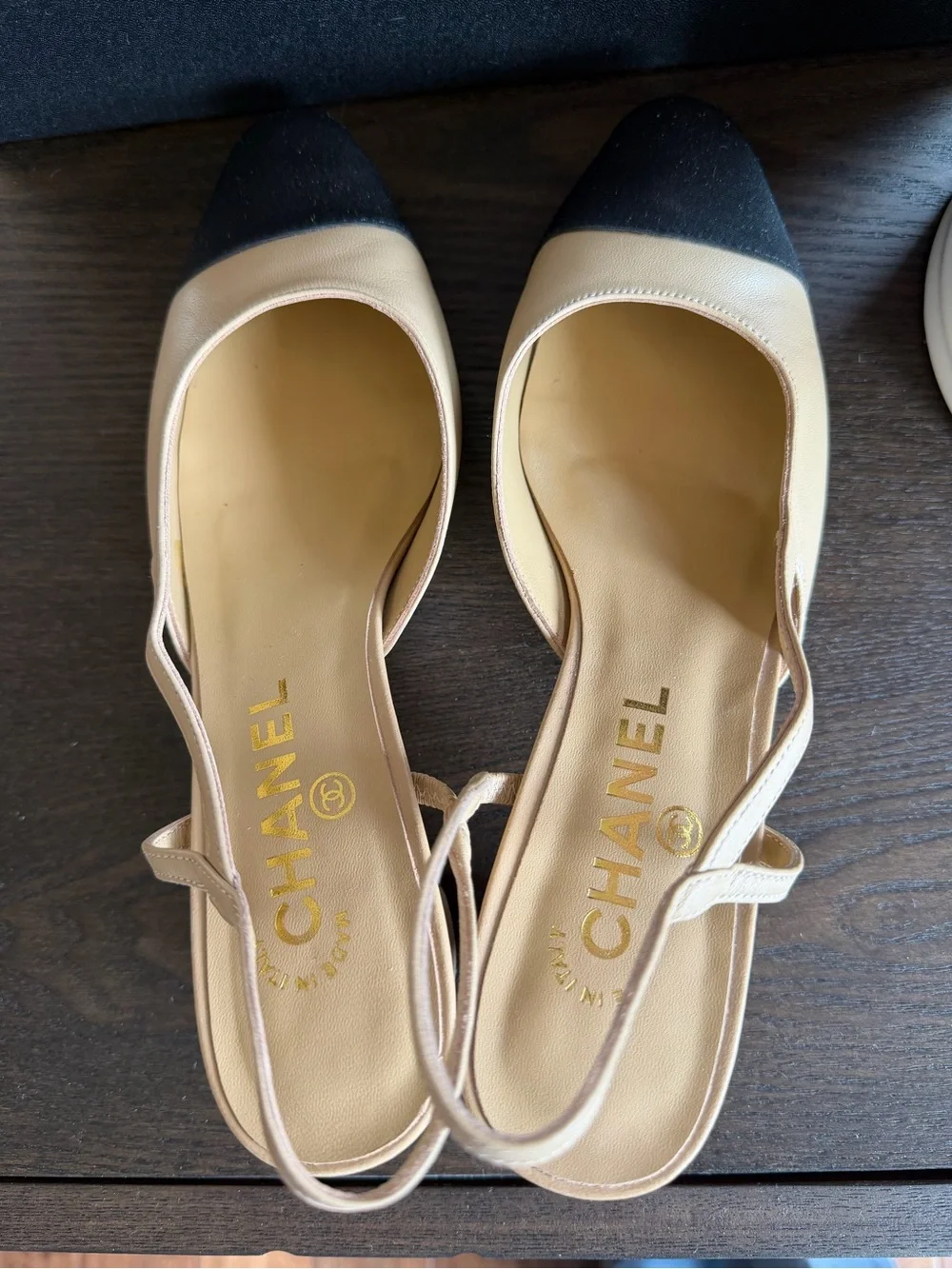 CHANEL Beige Leather Slingback Pumps with Black Cap Toe